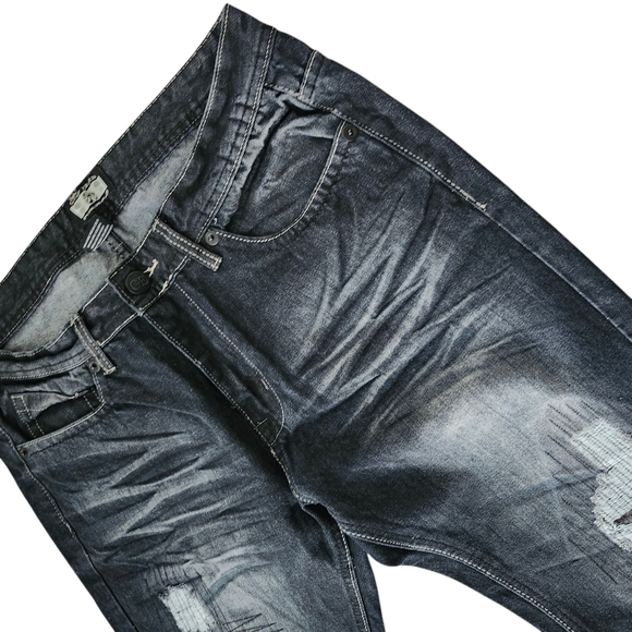 Men's Blue Black Wash Distressed Denim Jeans (No Tags, Never Worn) - Picture 4 of 10